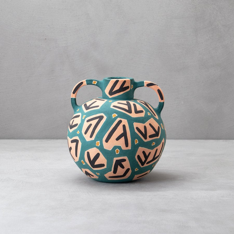 Teal, Peach, Black, Yellow Pot