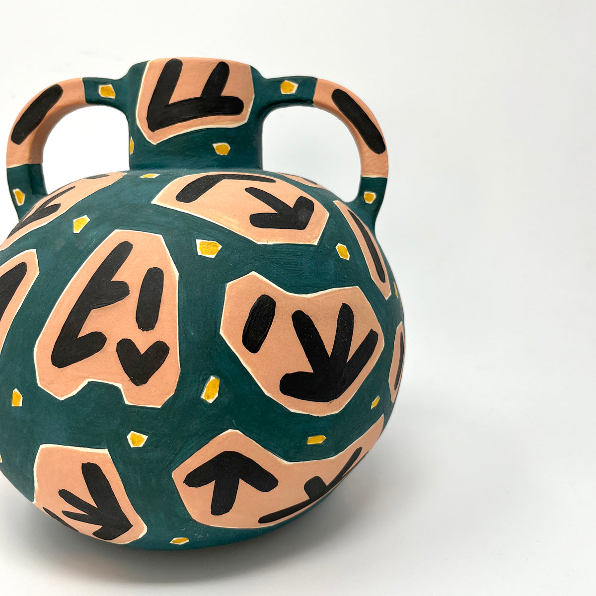 Teal, Peach, Black, Yellow Pot