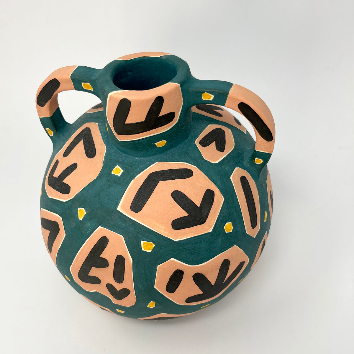 Teal, Peach, Black, Yellow Pot