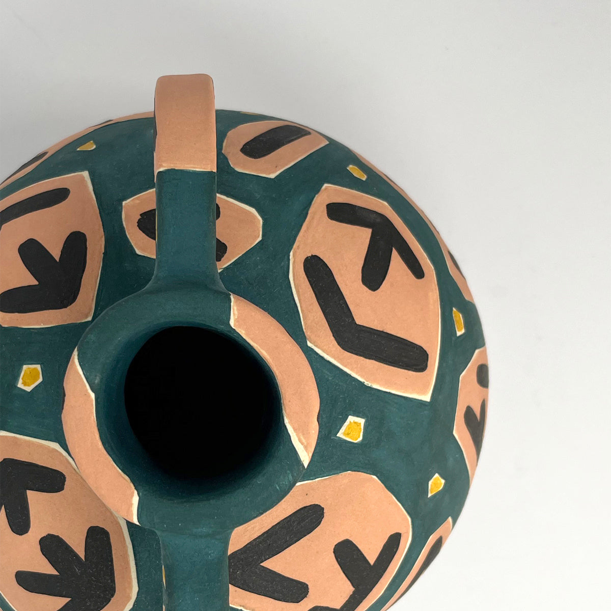 Teal, Peach, Black, Yellow Pot