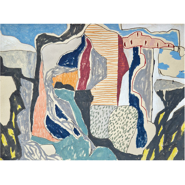 Abstract artwork with geometric energetic shapes  & forms, in bold colours featuring blues, grays and reds on a white background