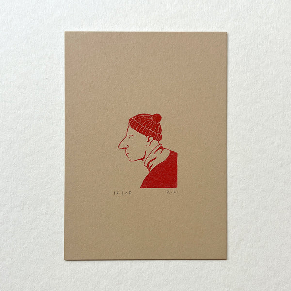Beige card with red illustration of a person wearing a knit hat on a white background