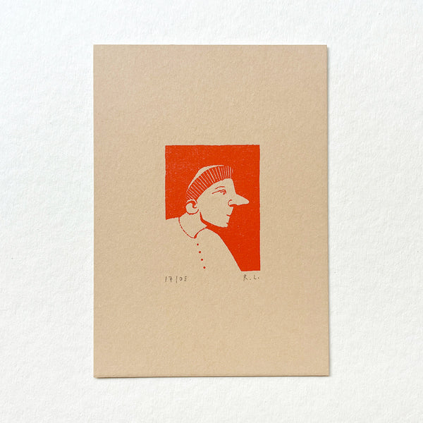 A minimalist art print on textured beige paper featuring a stylized profile portrait in red ink against a white background.