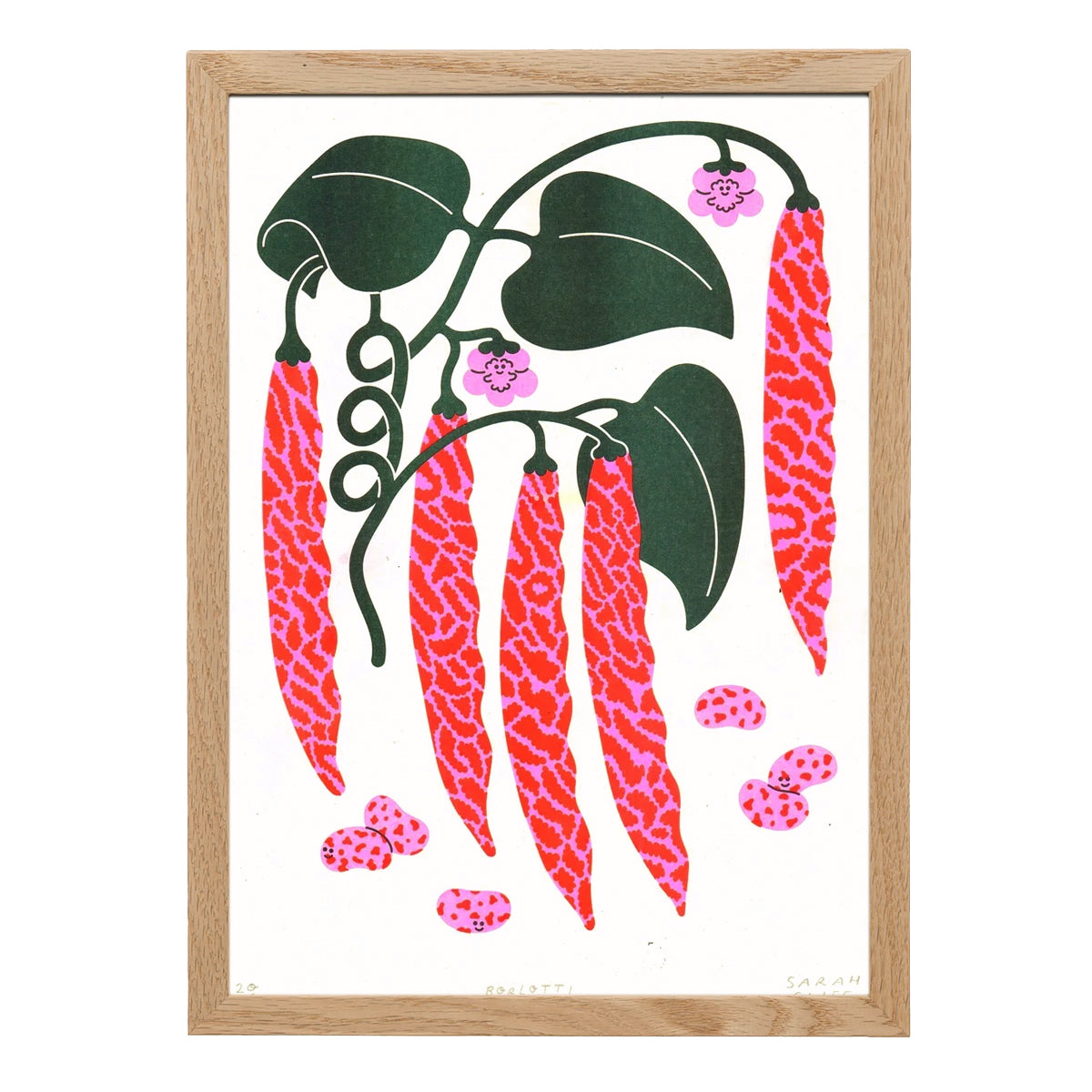 Oak framed artwork of red and pink berlotti beans and green leaves on a white background
