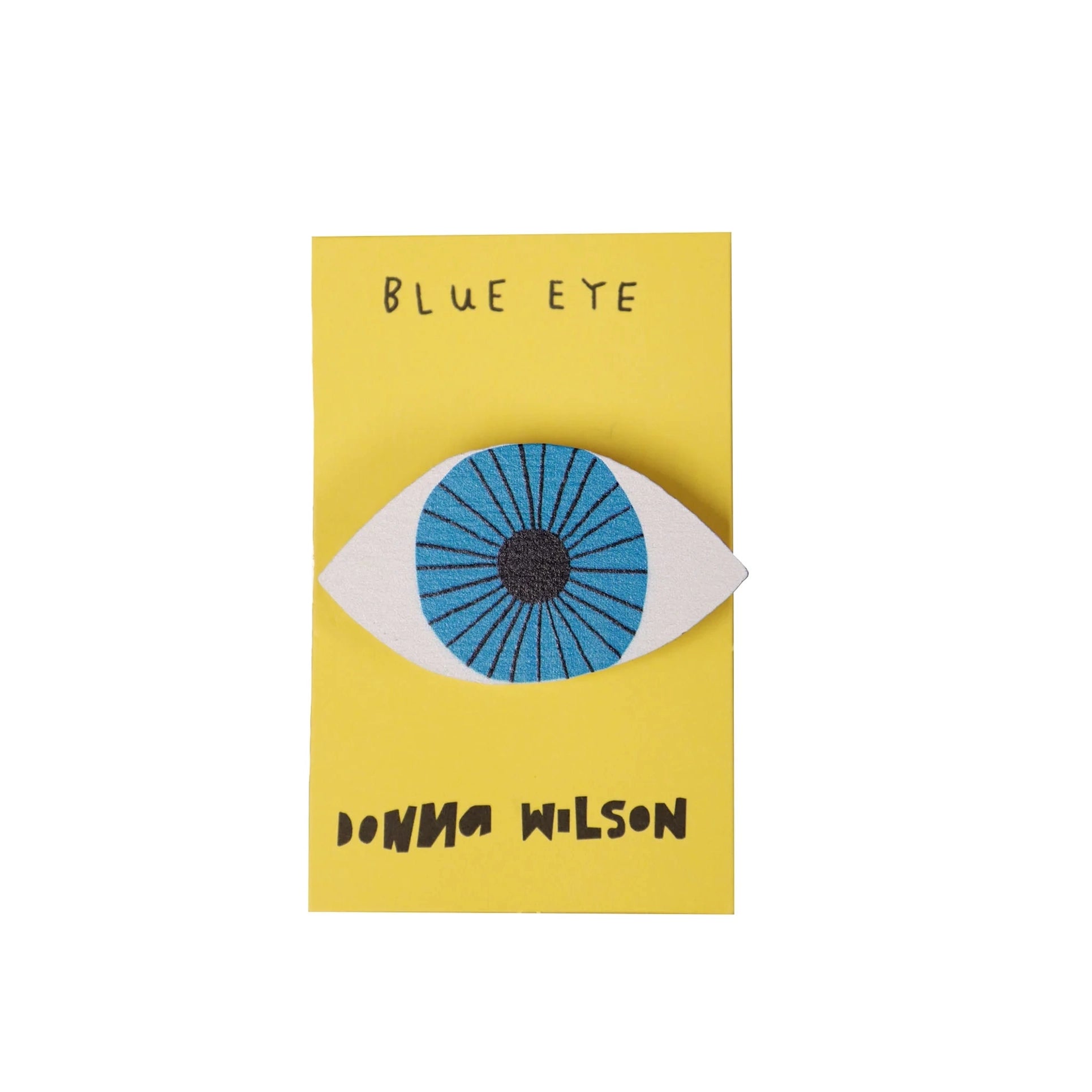 Blue Eye pin badge design on yellow backing card