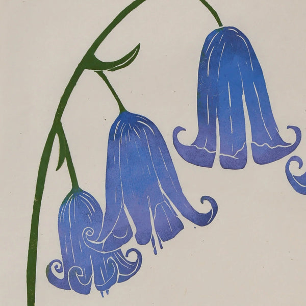 Close up of Print of bluebells by Superfolk, made by block print on japanese washi paper. 