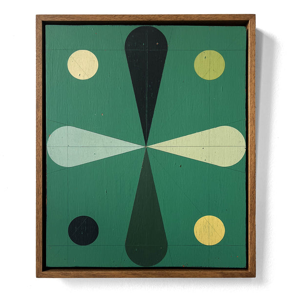 Geometric abstract art piece with black, green, and yellow shapes on a green background.
shapes in teal, beige, and yellow on a white background wooden original art handmade painting graphic wooden artwork circles dots