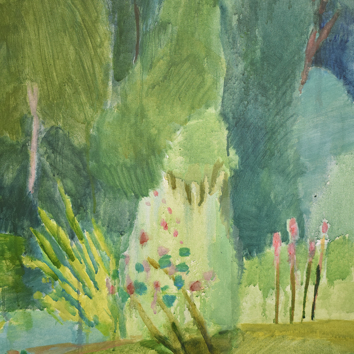 Close Up of a Colourful landscape painting in greens with trees and a pathway painting of Costa Rica. Acrylic on canvas, framed in a white wash tray frame by Ginny Elston