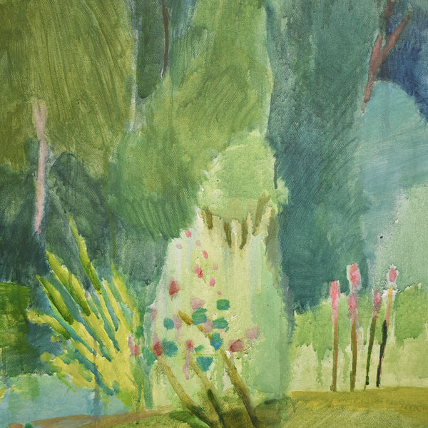Close Up of a Colourful landscape painting in greens with trees and a pathway painting of Costa Rica. Acrylic on canvas, framed in a white wash tray frame by Ginny Elston