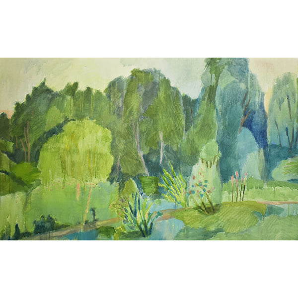 Colourful landscape painting in greens with trees and a pathway painting of Costa Rica. Acrylic on canvas, framed in a white wash tray frame by Ginny Elston