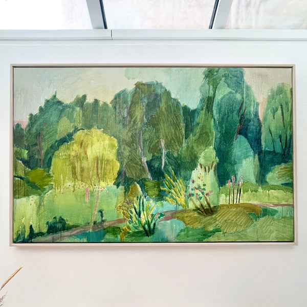 Colourful landscape painting in greens with trees and a pathway painting of Costa Rica. Acrylic on canvas, framed in a white wash tray frame by Ginny Elston