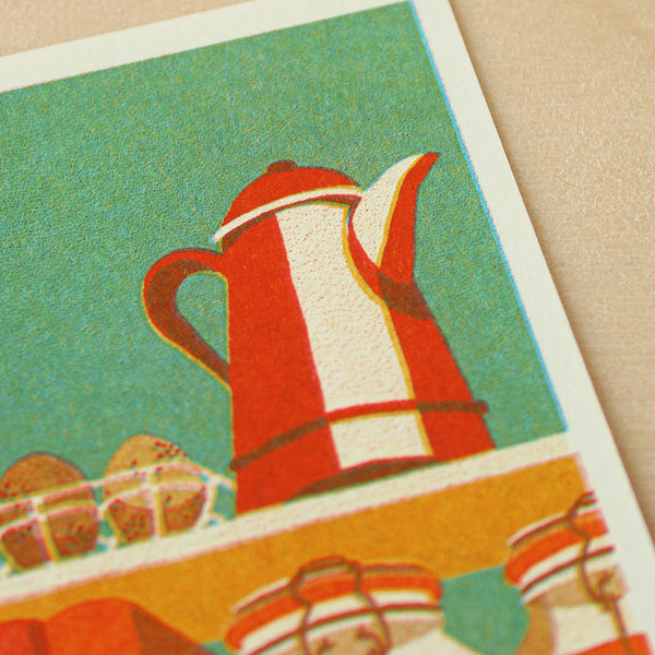 Vintage-style illustration of a red and white teapot on a textured surface
