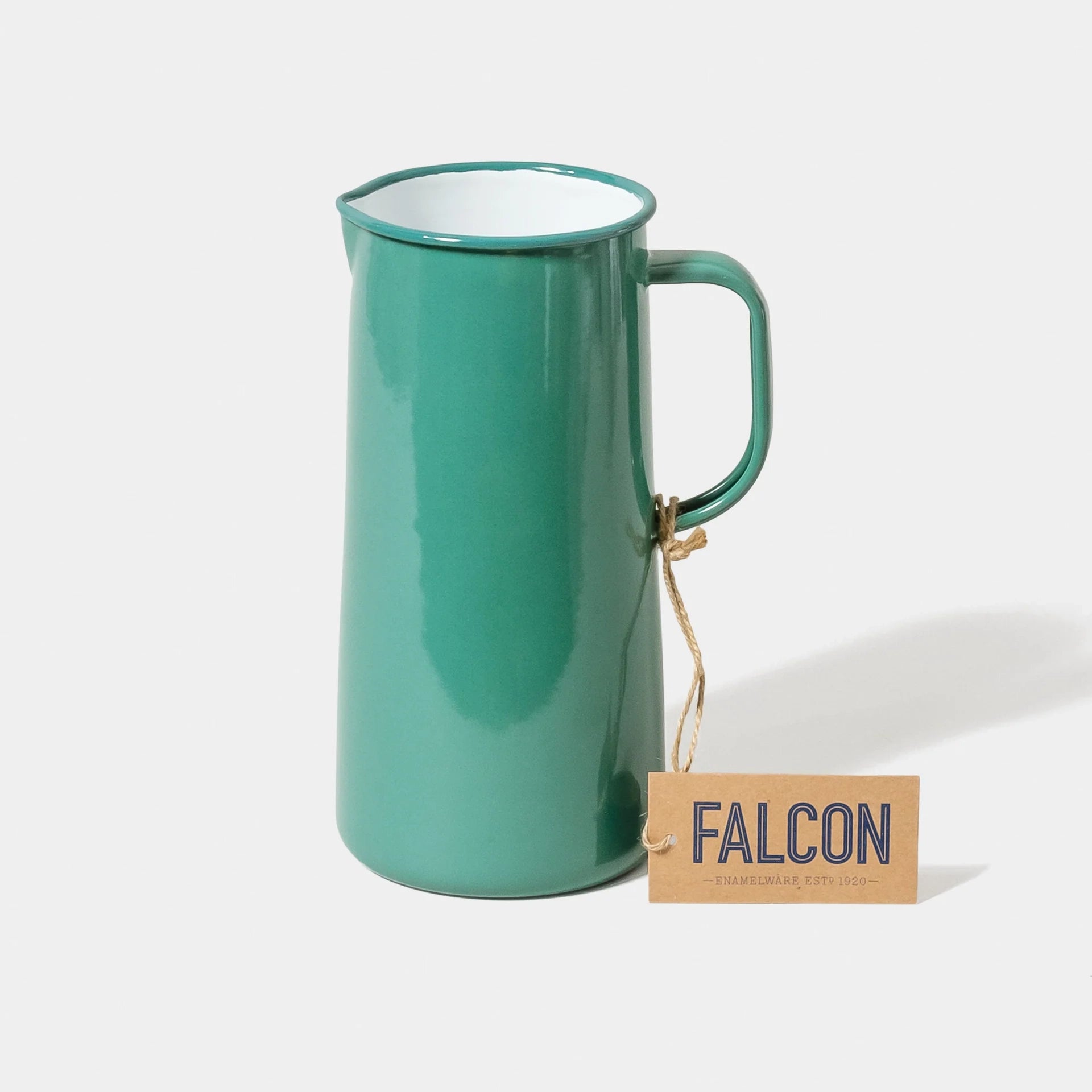 Spring Green Teal enamel jug falconware on a white background