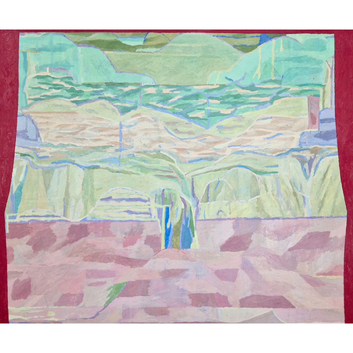 Abstract landscape painting with pastel colors and red curtains in the foreground looking through to a landscape with greens and pink