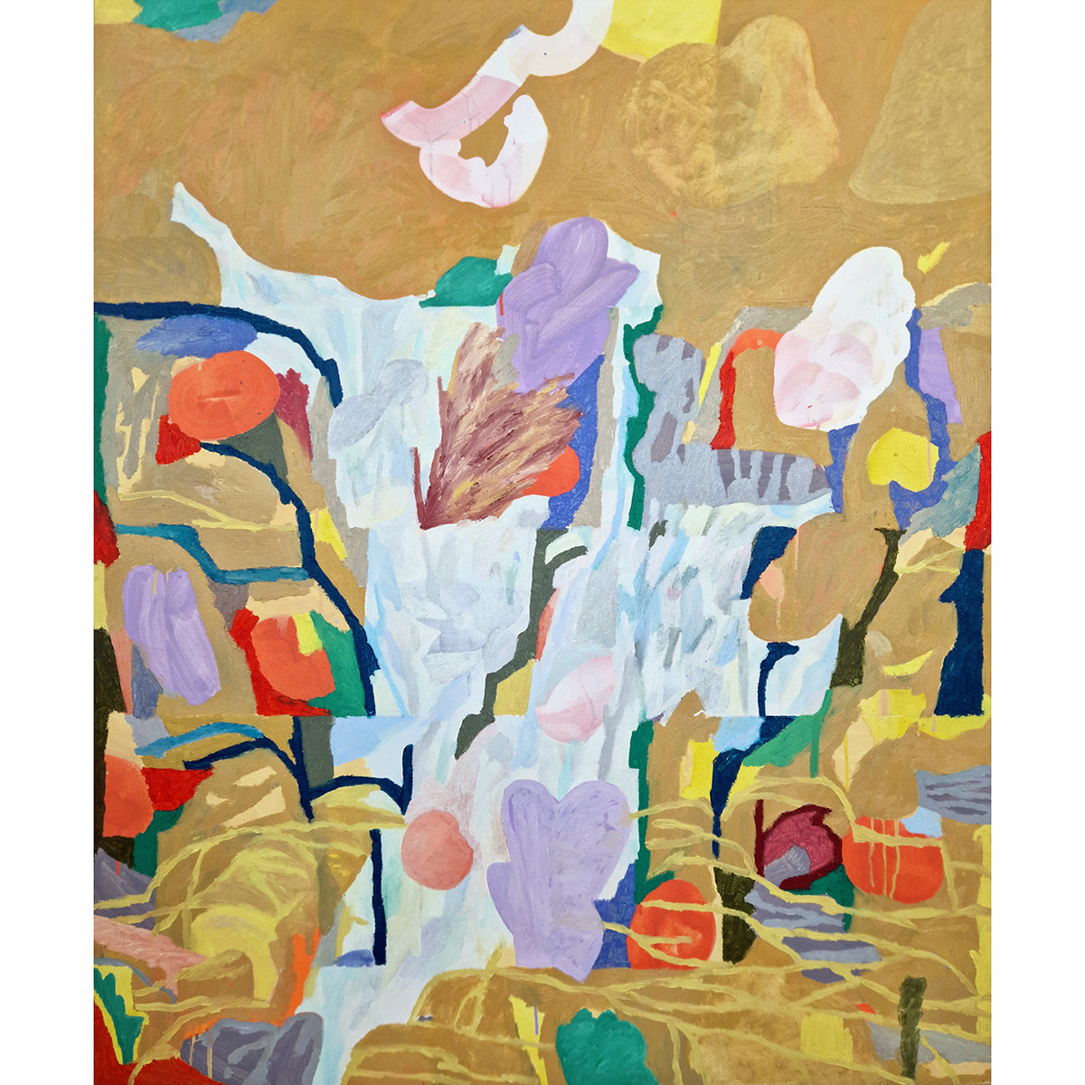 Abstract artwork with colorful shapes and patterns on a textured background. Ochre yellow, orange, blue and purple feature heavily. Depicting a waterfall in Normandy.
