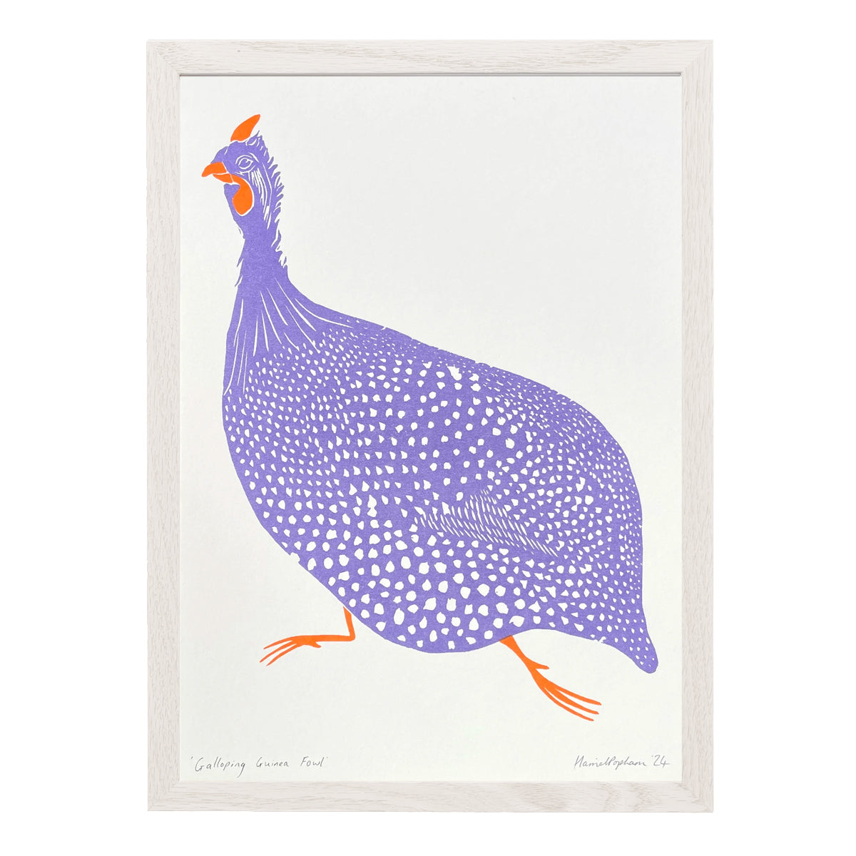 A framed art print featuring a stylized purple and white spotted Guinea Fowl with bright orange accents, set against a clean white background.