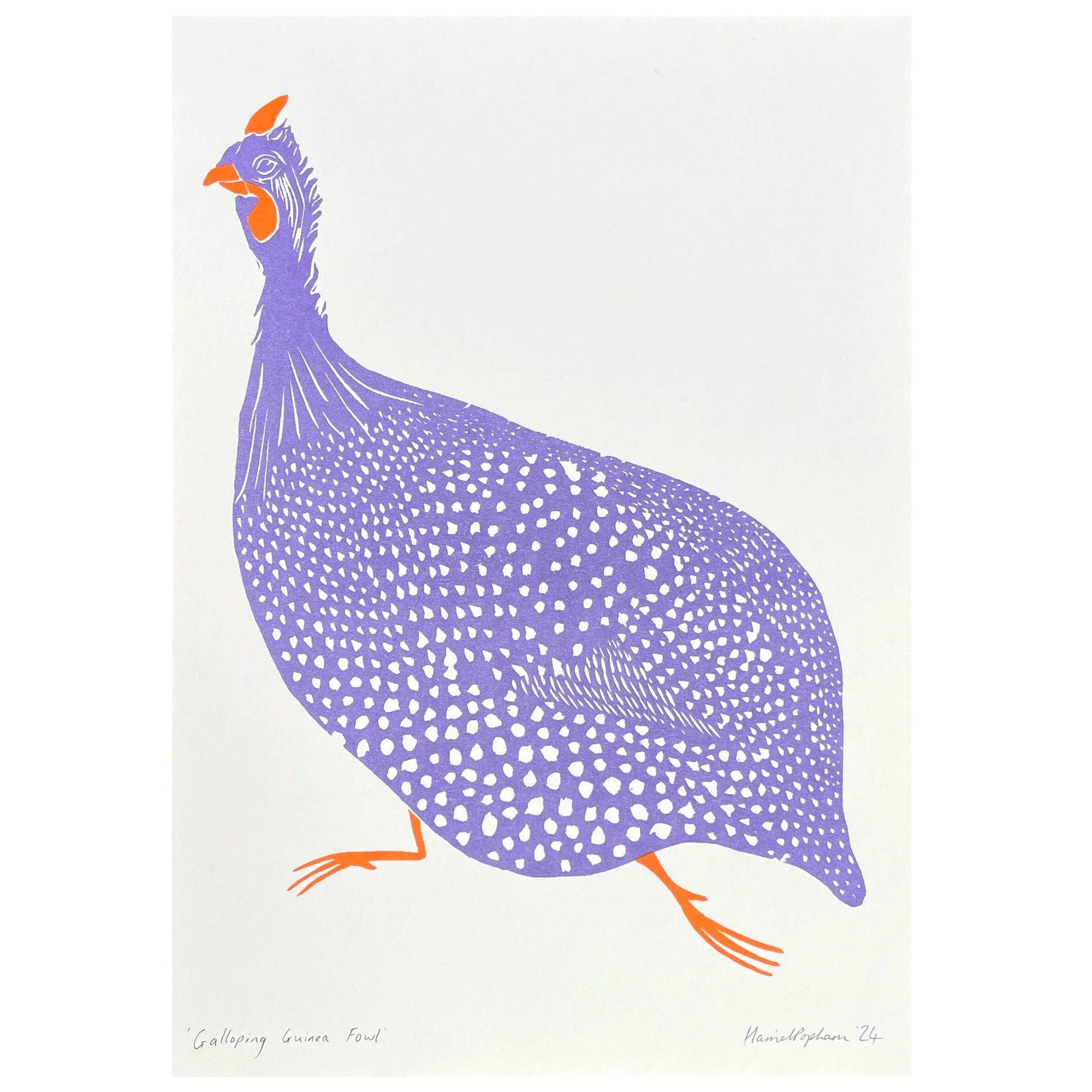 A stylized art print of a guinea fowl, featuring a purple bird with white spots and bright orange accents, set against a light off-white background.