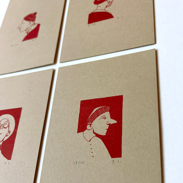 Set of four beige cards with red illustrations of profiles on a white background