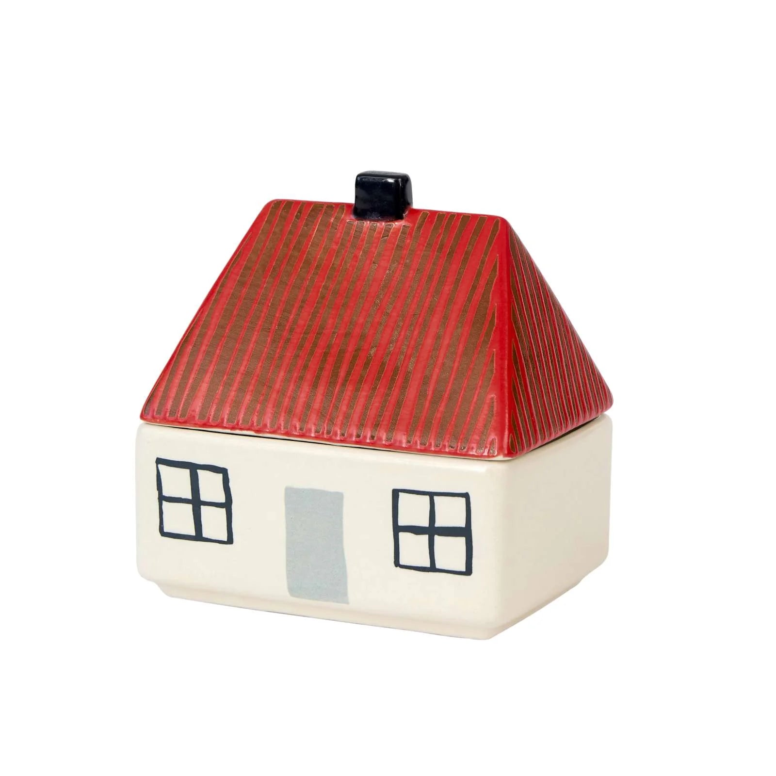 A Ceramic white house with a red roof and black windows and chimney