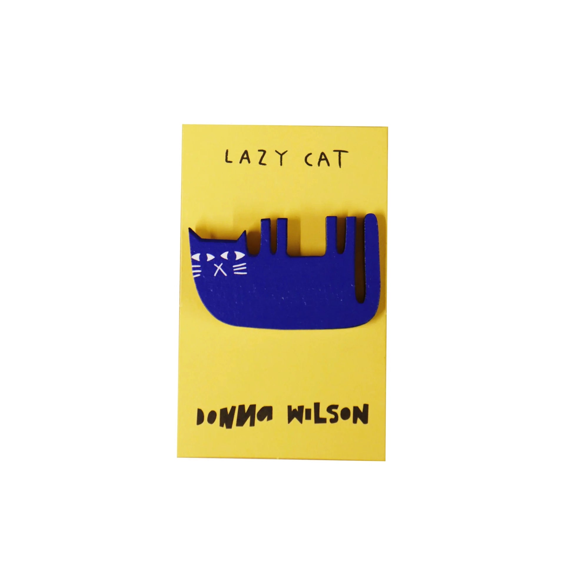 Blue Cat Illustration Pin Badge Brooch on Yellow backing card