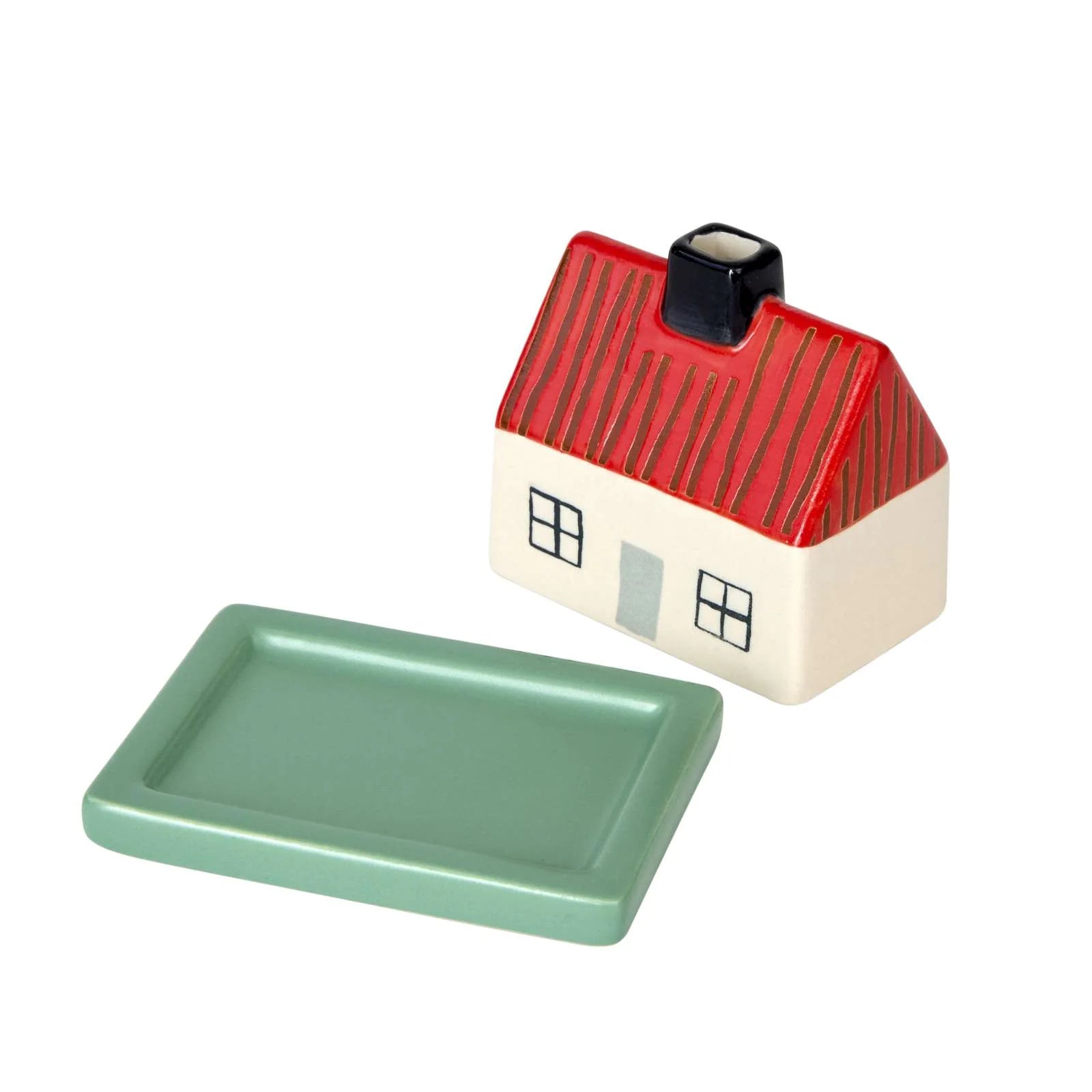 House-shaped container with a red roof and green base on a white background
