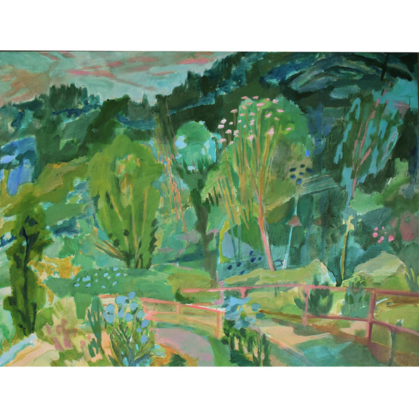 Colorful landscape painting in greens with trees and a pathway painting of Costa Rica. Acrylic on canvas, framed in a white wash tray frame by Ginny Elston