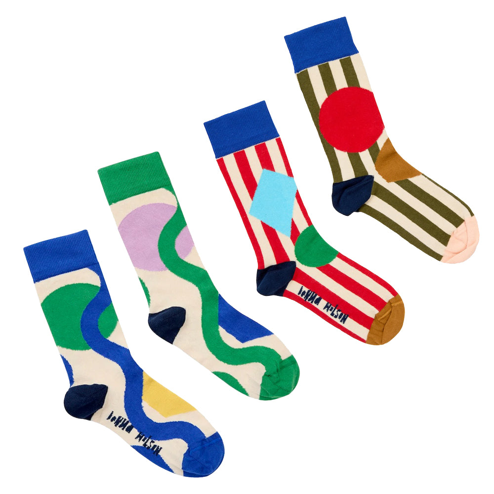 Two pairs of coluorful abstract-patterned socks displayed diagonally on a solid white background. The socks feature various designs including wavy lines, stripes, and solid shapes in blue, green, red, yellow, purple, and brown.