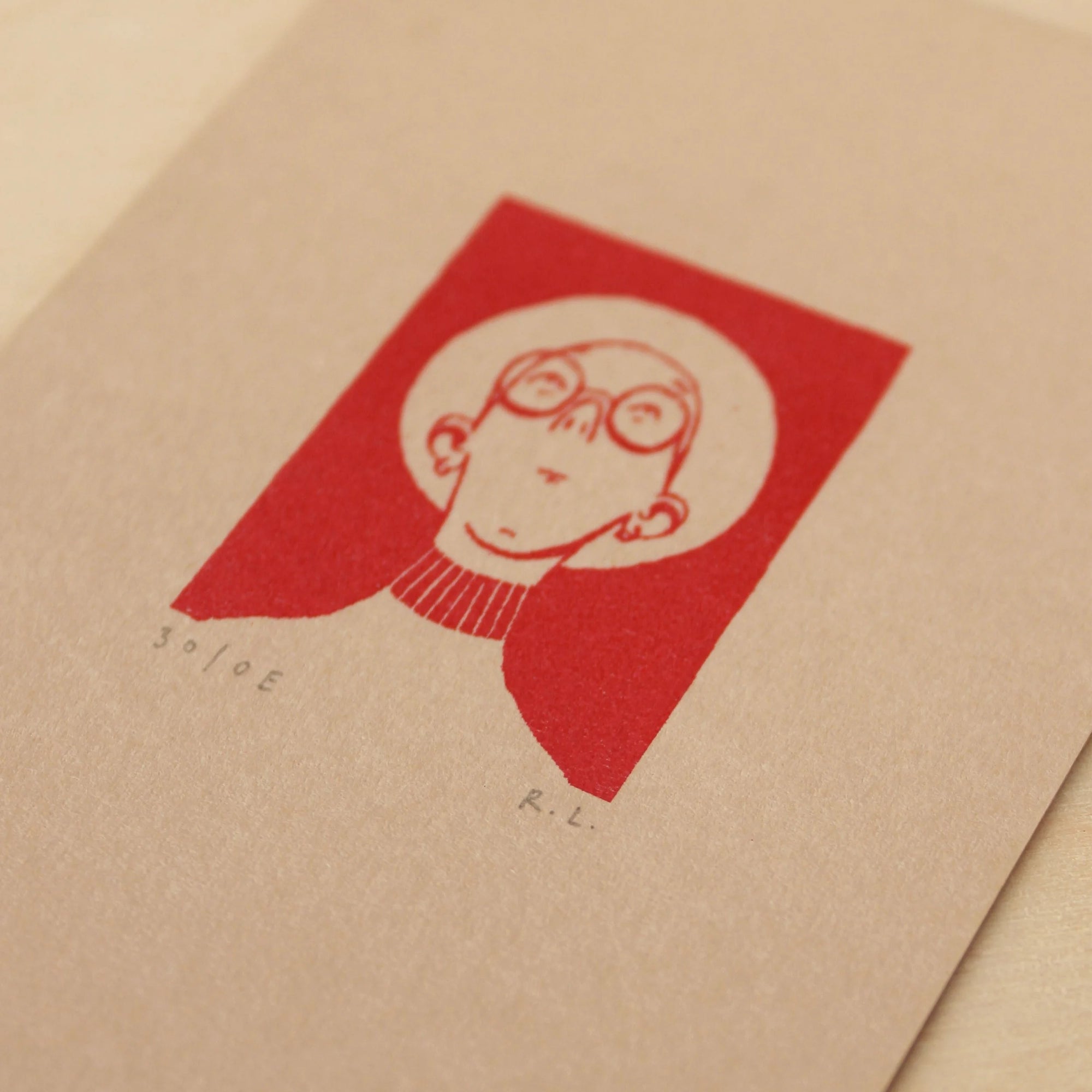 Close up of a man wearing glasses and a wide brimmed hat, printed in red on beige