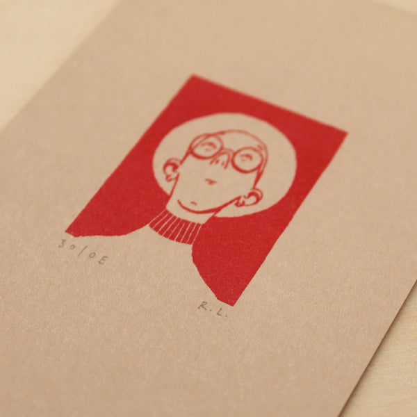 Close up of a man wearing glasses and a wide brimmed hat, printed in red on beige