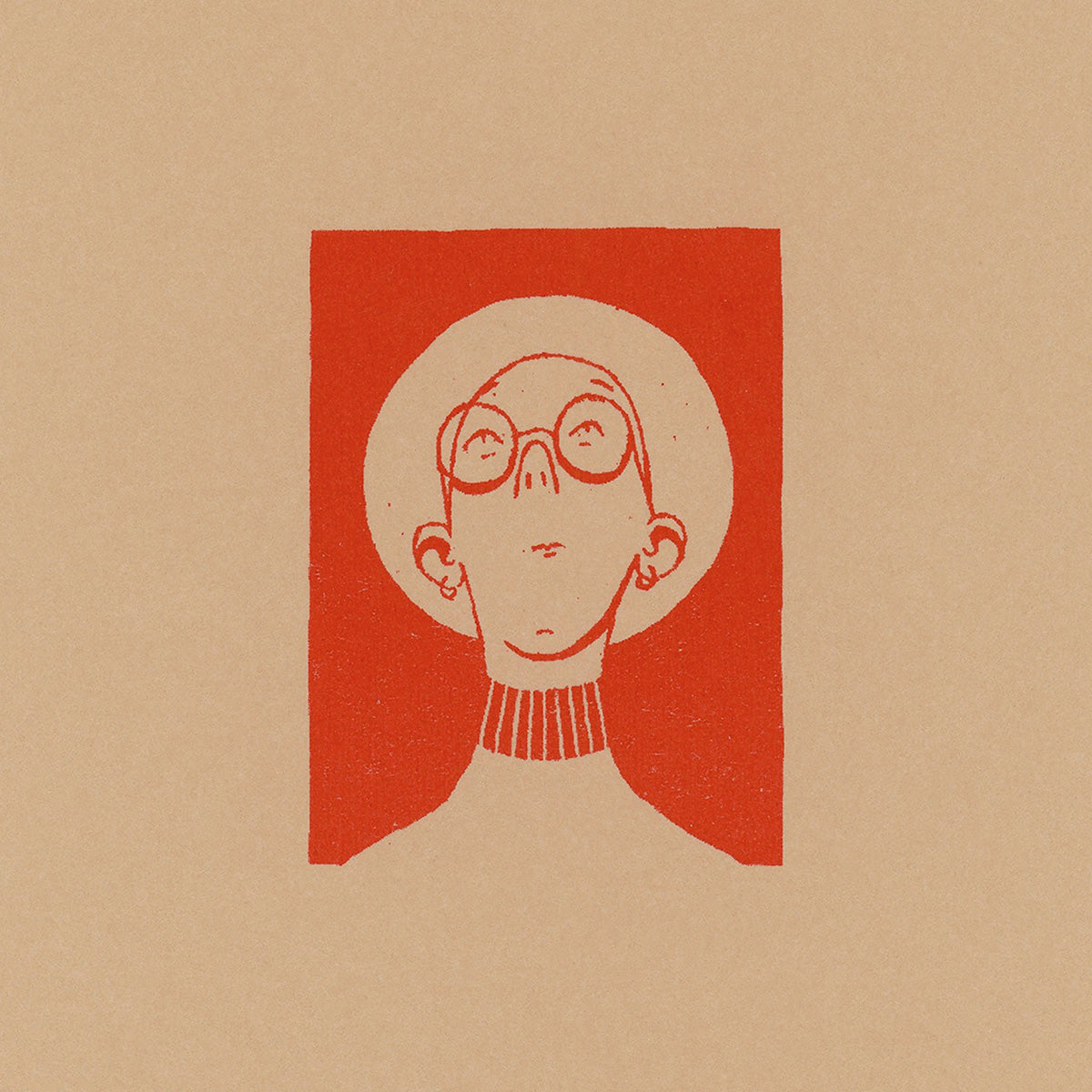 A minimalist art print featuring a stylized illustration of a person with a panama hat, glasses and a turtleneck, rendered in red ink on a warm beige background.