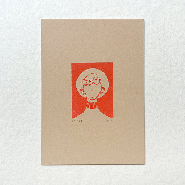 A minimalist art print on textured beige paper featuring a stylized illustration of a person with glasses and a panama hat inside a red square, set against a white textured background.