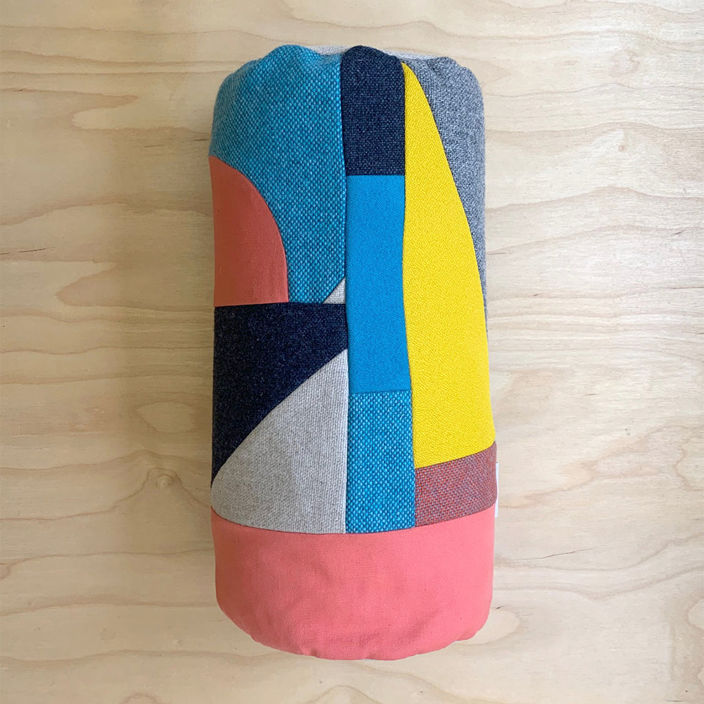 Patchwork Bolster Cushion - Coral/ Blue/ Mustard