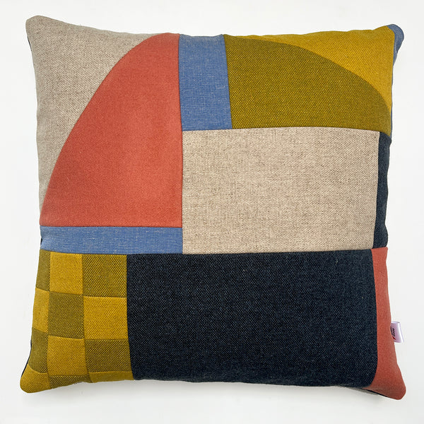 Patchwork Large Cushion - Coral/Mustard/Olive/Blues A