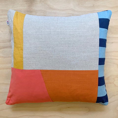 Patchwork Large Square Cushion - Coral/Orange/Blue/Mustard Linen