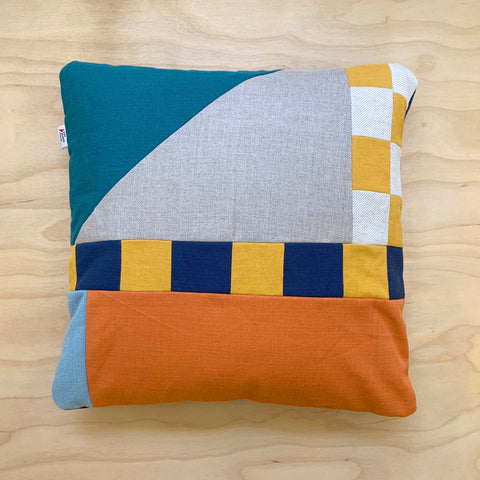 Patchwork Medium Square Cushion - Coral/ Orange/ Blue Linen