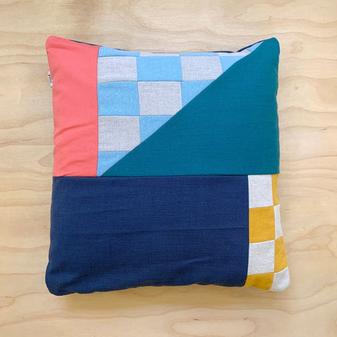 Patchwork Medium Square Cushion - Coral/Orange/Blue Linen