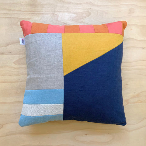 Patchwork Medium Square Cushion -  Coral/Orange/Blue Linen