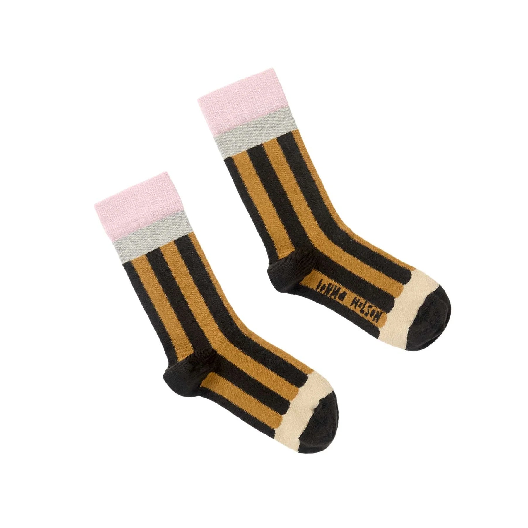 A pair of striped crew socks with black and mustard yellow vertical stripes, a light pink cuff, a textured light gray band, and a cream toe cap. They look like a giant pencil design.