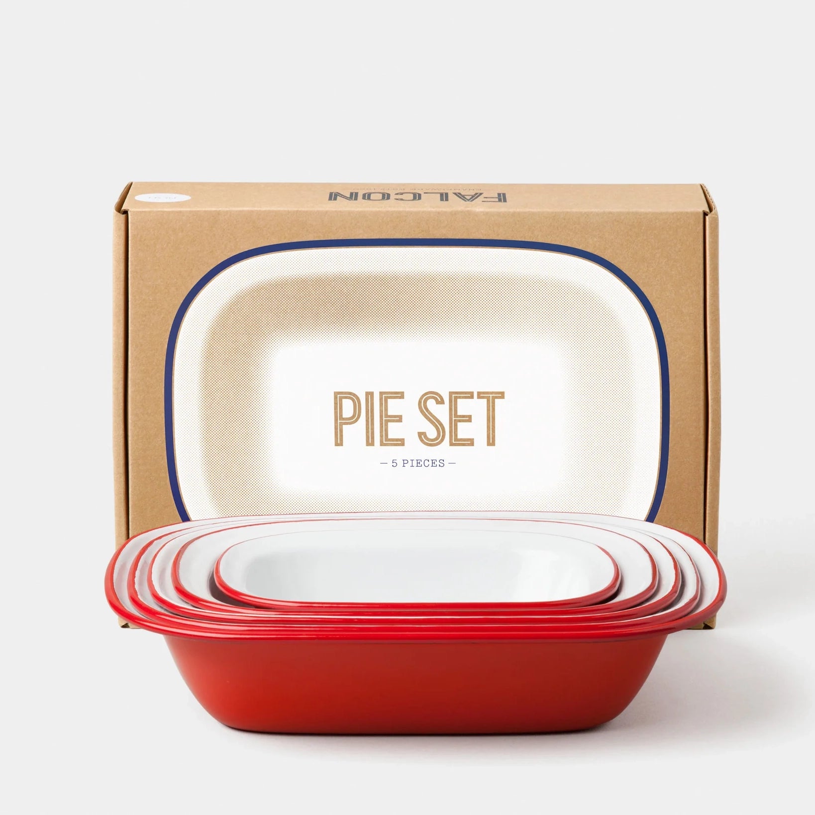 A set of five nested rectangular pie dishes in red and white enamel, displayed in front of their brown cardboard packaging box on a light gray background.