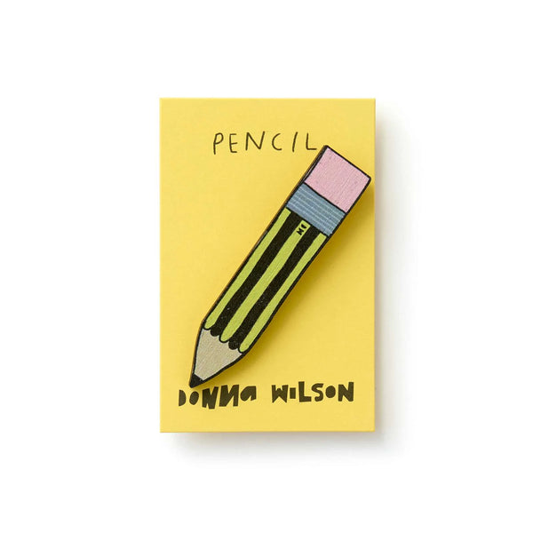 A yellow rectangular card with a pencil illustration pin badge, shown on a white background.