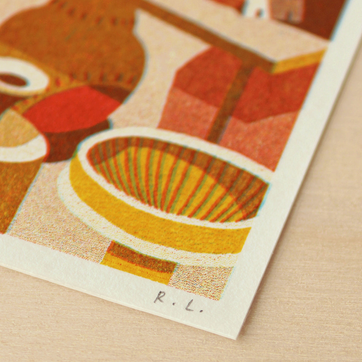 Colourful illustration of a bowl with a pattern on a textured surface