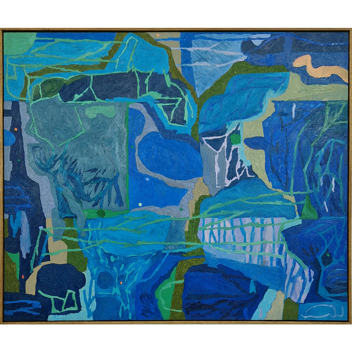 A large abstract oil painting with deep blue and green tones reminiscent of the sea  with a wooden frame and white background.