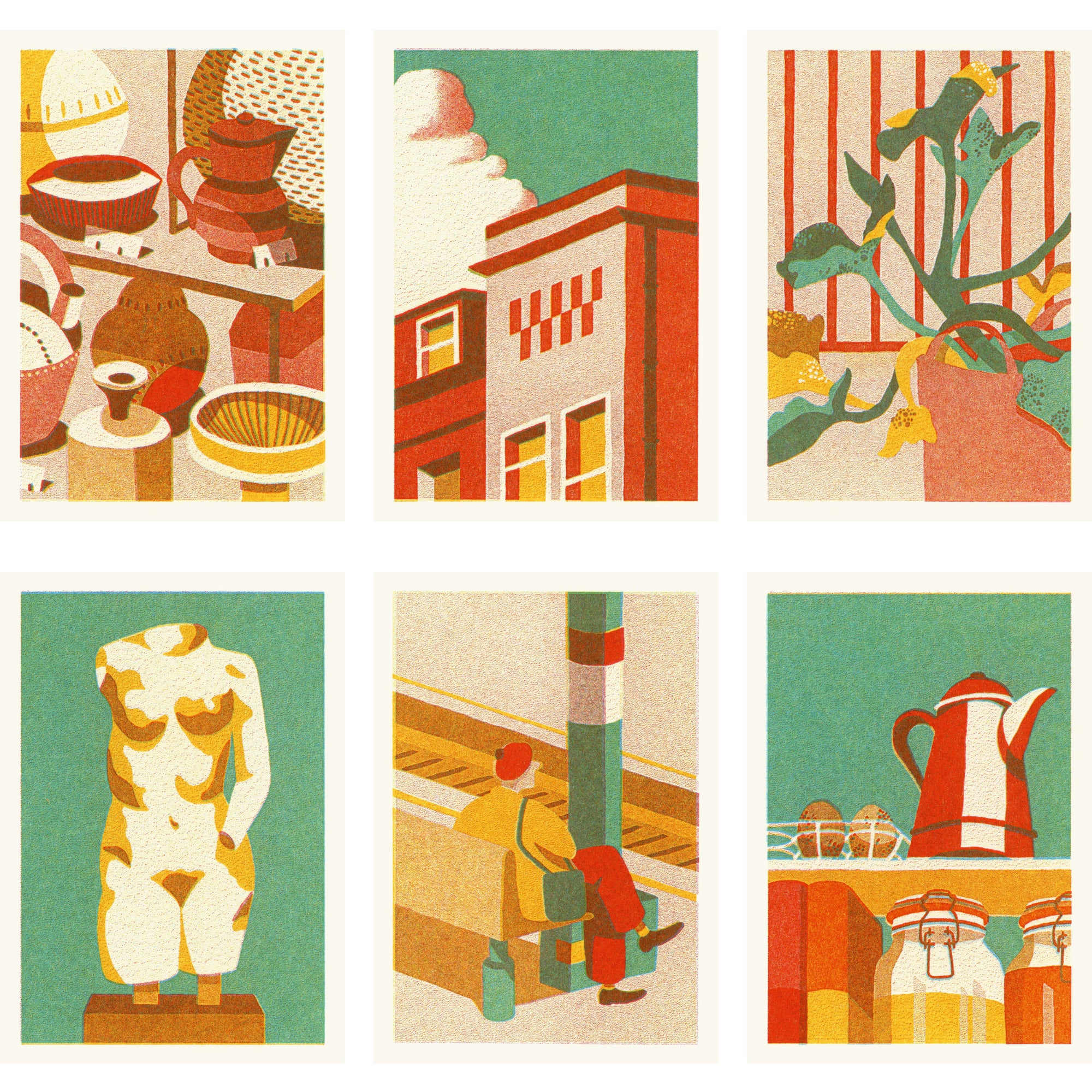 Set of six colourful illustrations featuring various objects and scenes including buildings, still lifes, shop windows, a statue and a railway station.