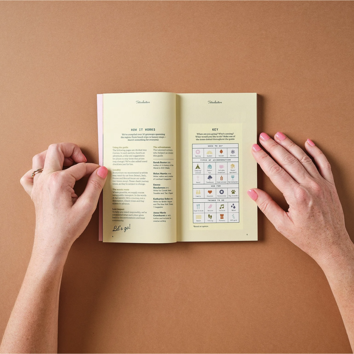 Open book with icons on a brown background