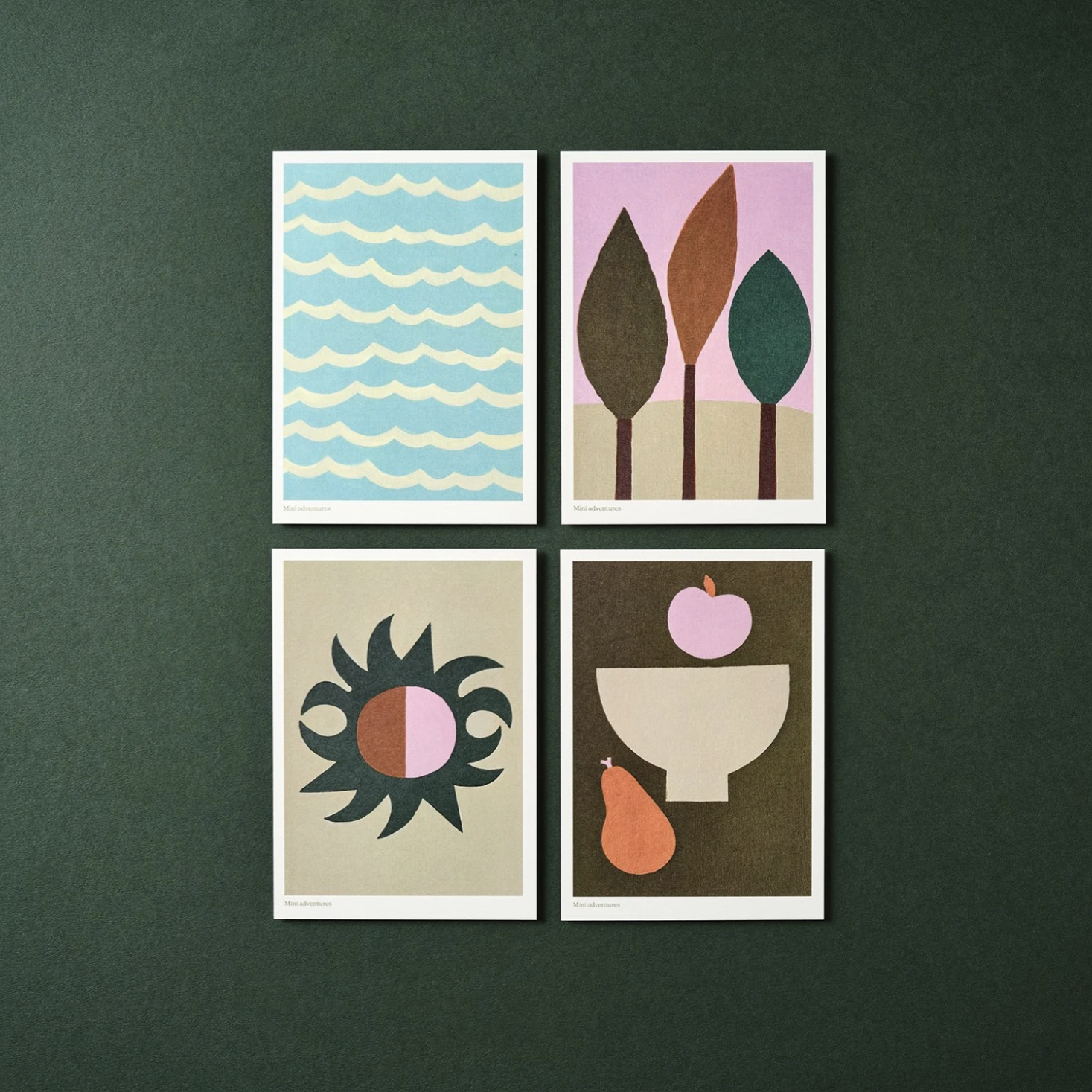 Four abstract illustrations on a dark green background