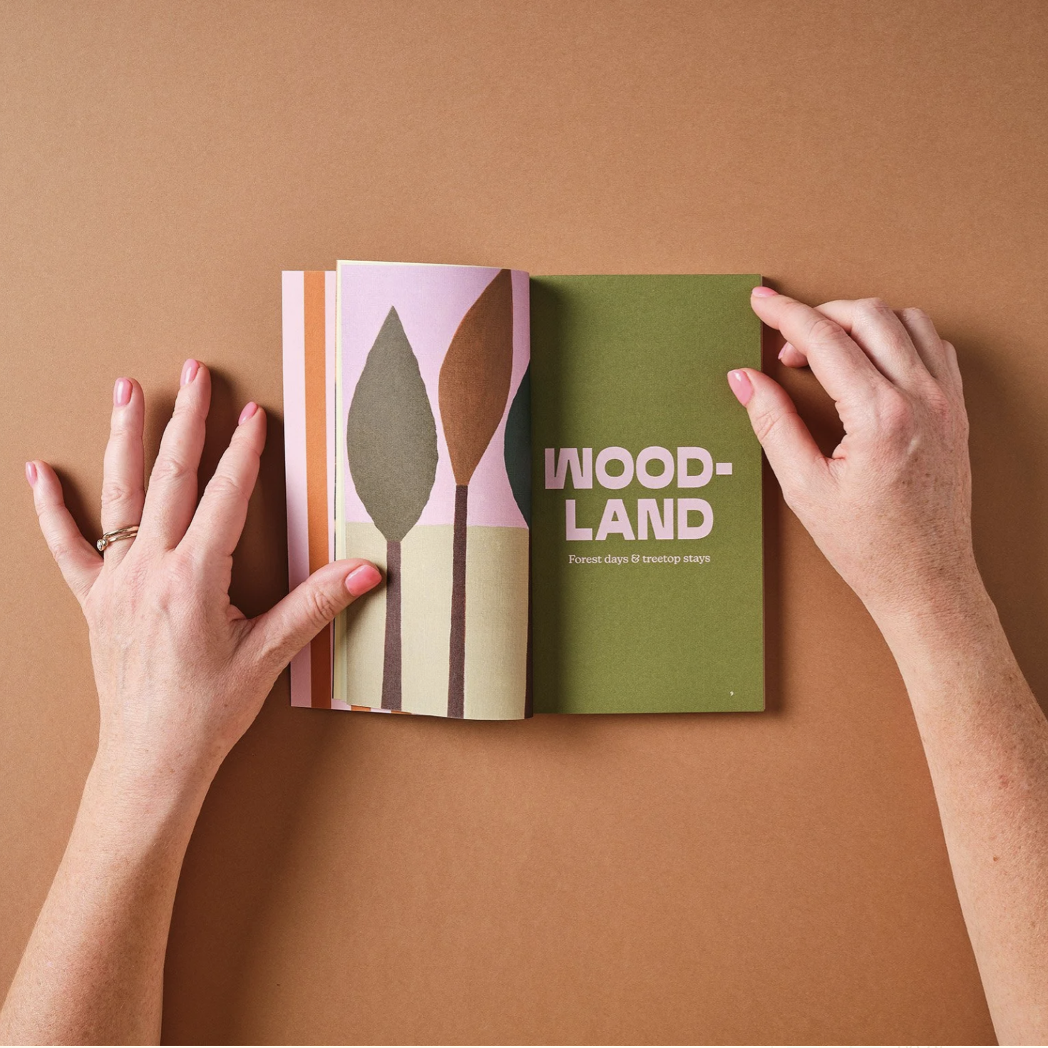 Two hands holding a notebook with 'Woodland' design on a brown background