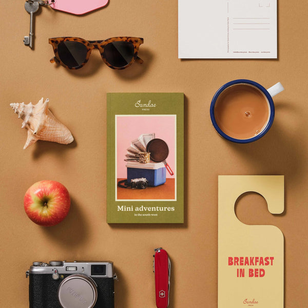 Flat lay of a book titled 'Mini adventures', a cup, camera, sunglasses, and other items on a brown background.