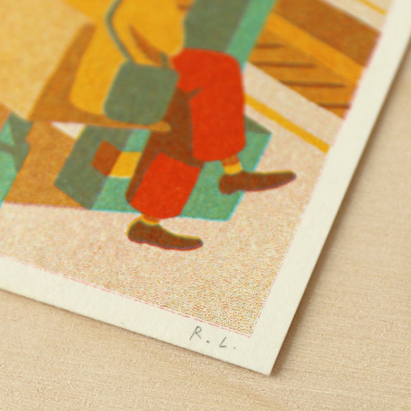 Illustration of a person wearing red trousers, sat on a bench at a railway station on a textured surface