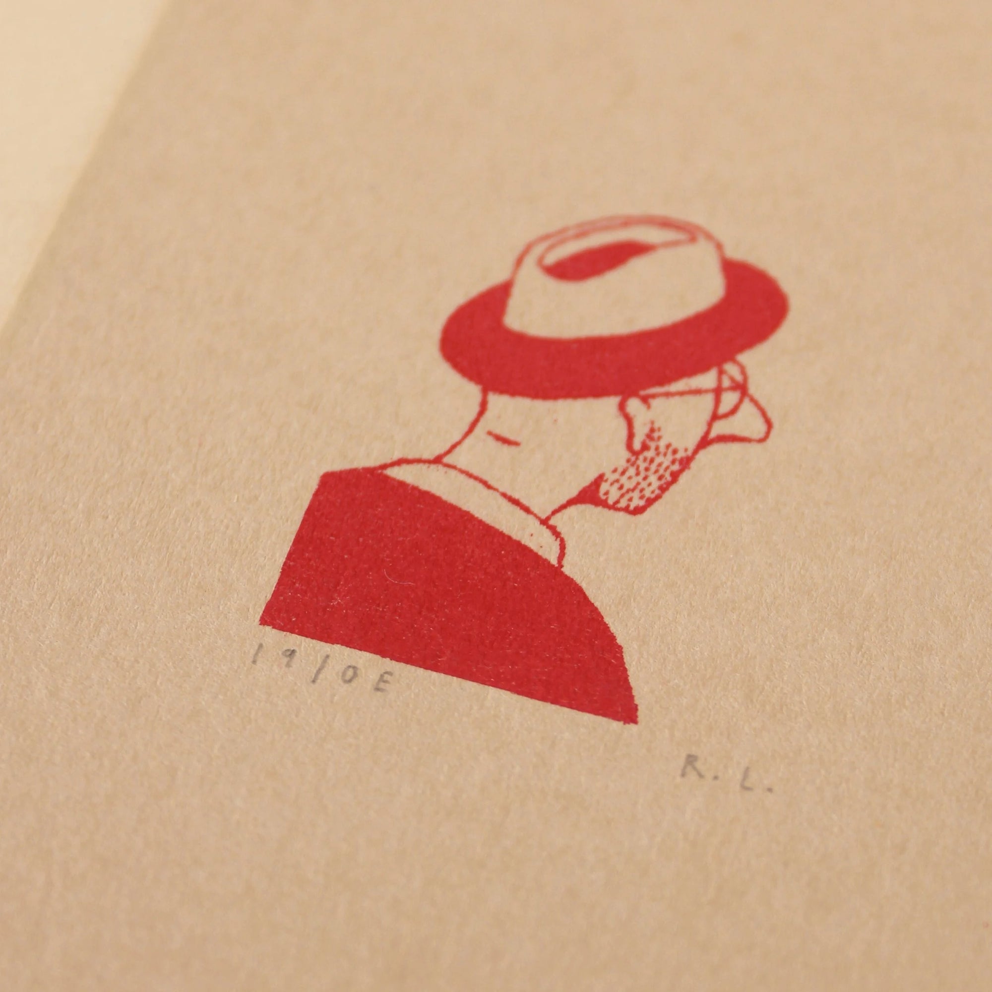 Red illustration of a person wearing a hat and glasses, with stubble, on beige paper
