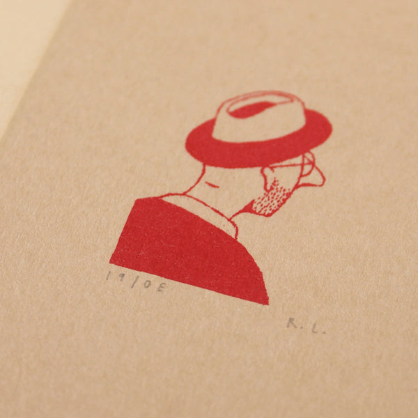 Red illustration of a person wearing a hat and glasses, with stubble, on beige paper